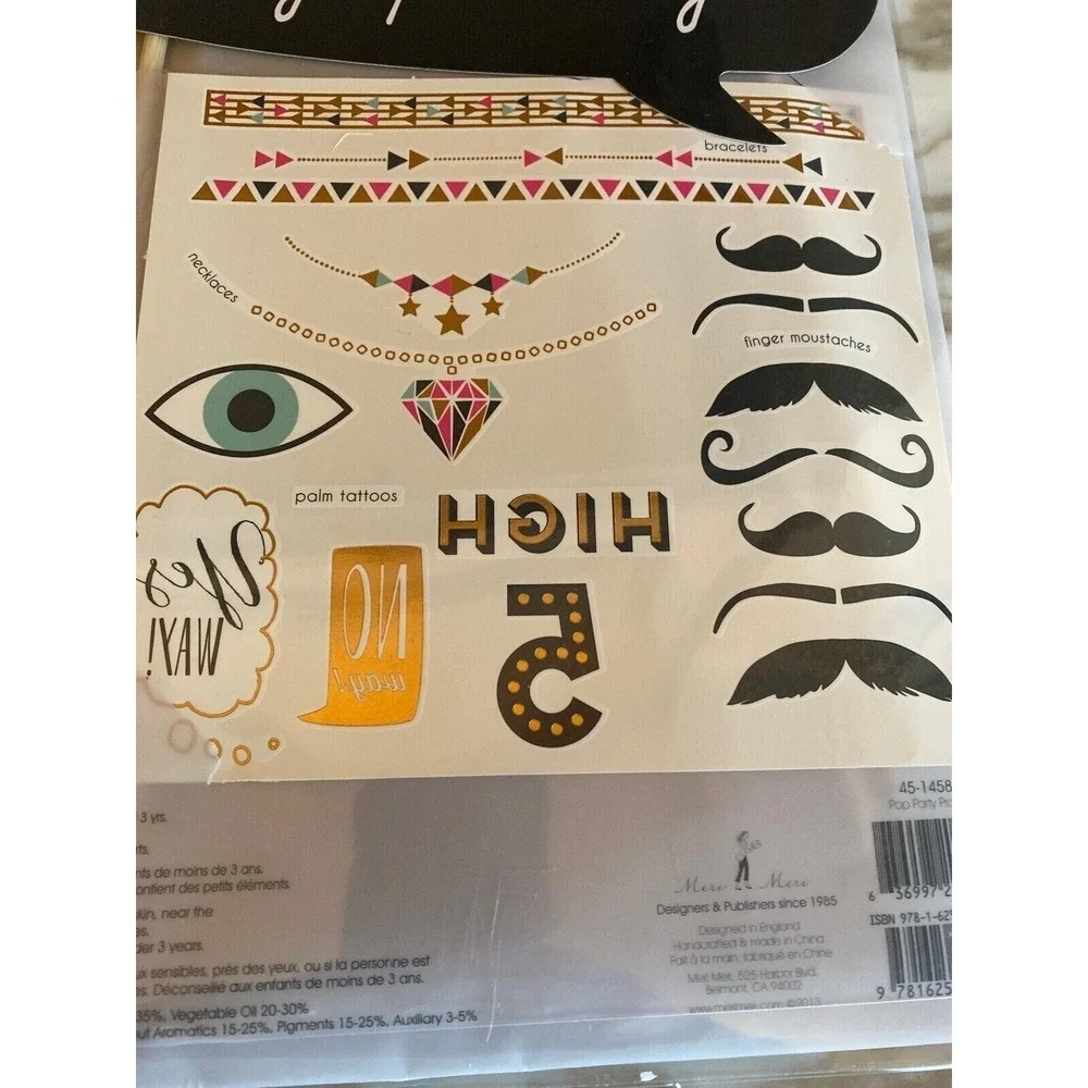 Meri Meri Party Props Gold POP Photo Booth Accessories and Transfer Tattoos NEW